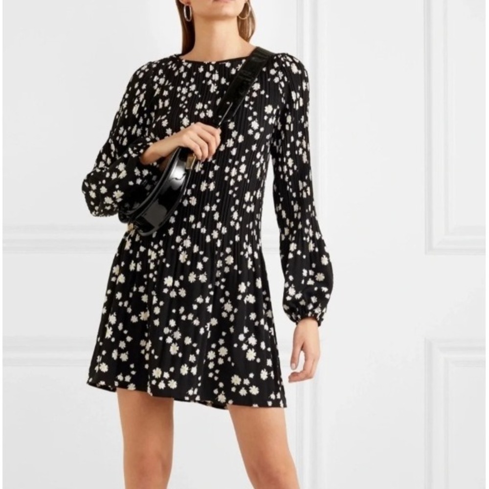 Maje Pleated Mini Dress Small Black Daisy Print SZ 1 Whimsygoth Cottagecore EUC